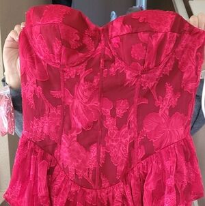 Floral Strapless Red Dress With Straps That Can Be Added